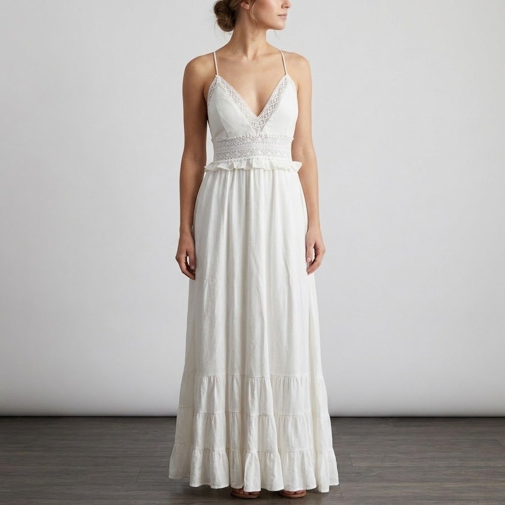 Hello Molly Maxi Dress Womens Small White Lace Crochet Corset Back Boho Wedding
